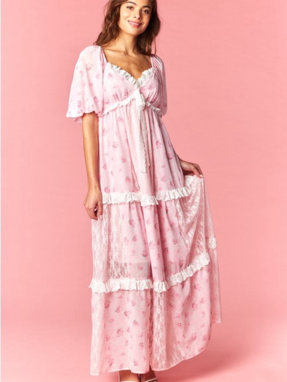 Pink Lace Tiered Maxi Dress with Puff Sleeves - Picture 4 of 14